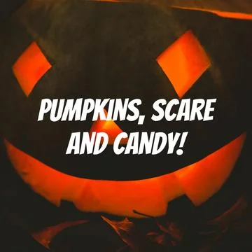 Composite of pumpkins, scare and candy text and halloween pumpkin background Stock Photos