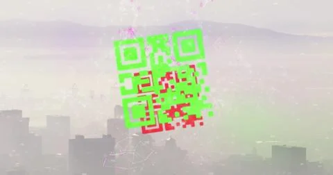 Composite of qr code, digital data processing with network of connections over Illustrazione stock