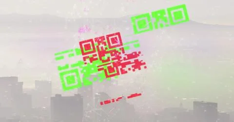 Composite of qr code, digital data processing with network of connections over Illustrazione stock