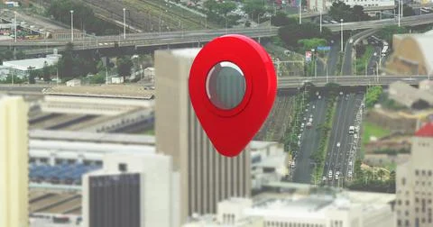Composite of red gps pointer over tilt shift cityscape with bridges and moving Stock Illustration