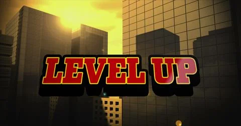 Composite of red level up text over sunlight falling on modern skyscrapers in Ilustración de archivo
