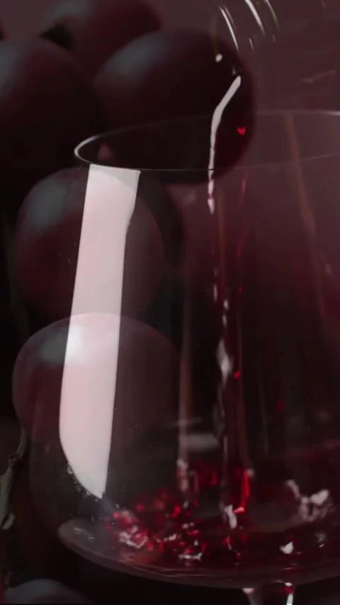 Composite of red wine being poured into glass over grapes on red background Stock Footage 323782576