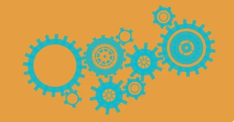 Composite of set of blue cogs on orange background Illustrazione stock
