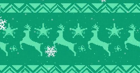 Composite of snow falling over christmas pattern on green background イラスト素材