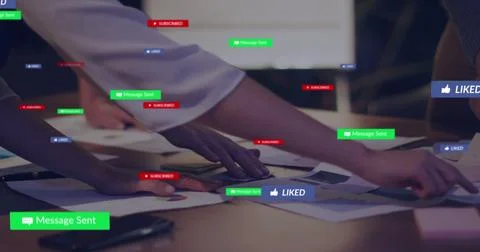 Composite of social media data processing over diverse people in modern office Stock Photos