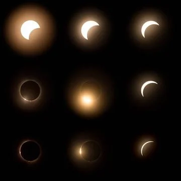 Composite of the stages of 2024 solar eclipse Composite of 9 images of the... Stock Photos