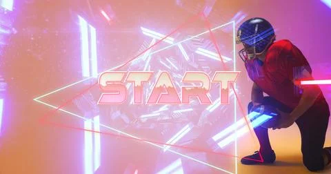 Composite of start text, triangle and illuminated abstract patterns with Stock Photos