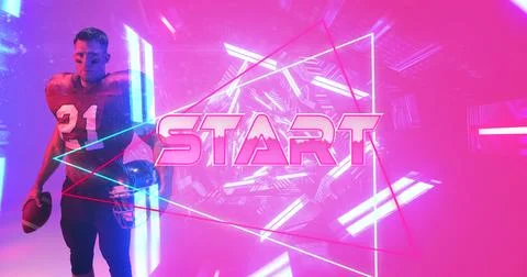 Composite of start text with triangle and illuminated abstract patterns by 스톡 사진