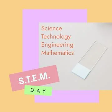 Composite of stem day text and microscope slide on white table, copy space Stock Illustration