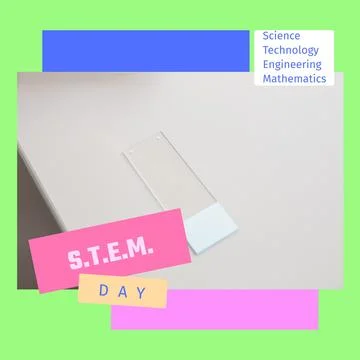 Composite of stem day text over microscope slide on white table, copy space Stock Illustration