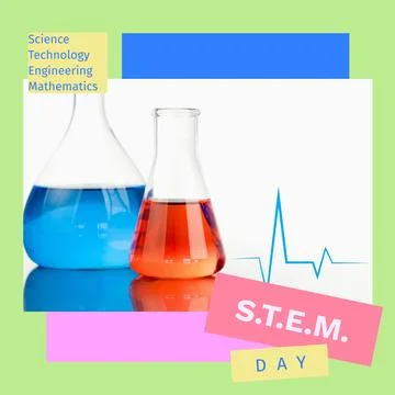 Composite of stem day text over chemicals in flasks on white background, copy Stock Illustration