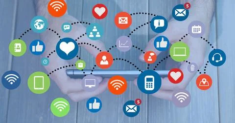 Composite of various networking icons and man using smart phone, copy space 스톡 일러스트