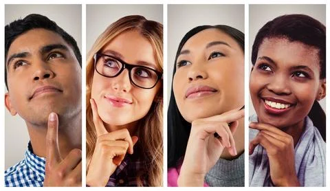 Composite vector illustration is showing four adults holding chin under lighting Stock Photos