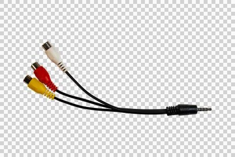 Composite video audio adapter cable with RCA connectors and TRRS plug Stock Photos