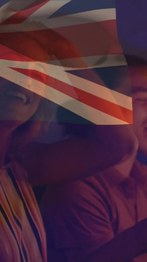 Composite video of australia flag over group of diverse friends celebrating with 스톡 동영상 344803373