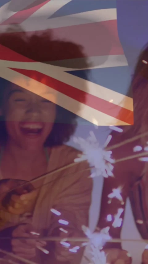 Composite video of australia flag over group of diverse friends celebrating with Stock Footage 344803374