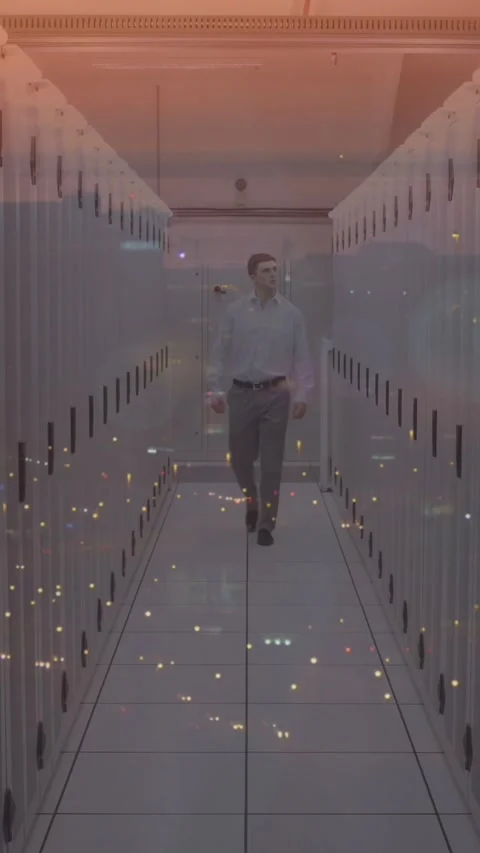 Composite video of caucasian male engineer walking in server room against night Stock Footage 322559918