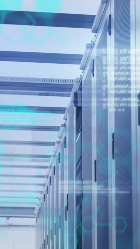 Composite video of data processing against computer server room Stock Footage 342315771