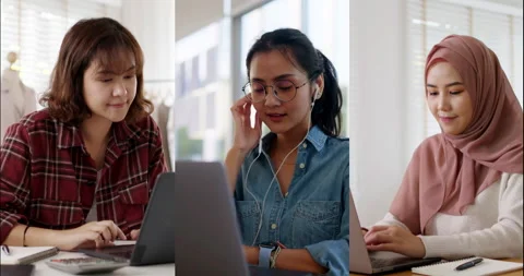 Composite video diverse multi-ethnic young women working online 스톡 동영상 182937002