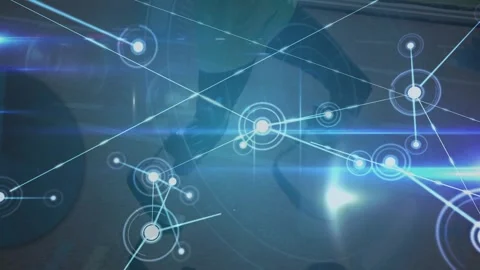 Composite video of global communication and runner with prosthetic legs in Stock Footage 330586578