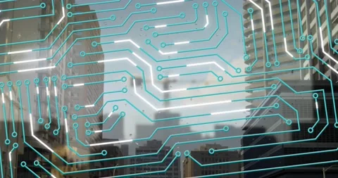 Composite video of microprocessor connections against tall buildings in Vídeo Stock 199314929