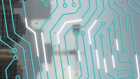 Composite video of microprocessor connections against tall buildings in Vídeo Stock 313445007
