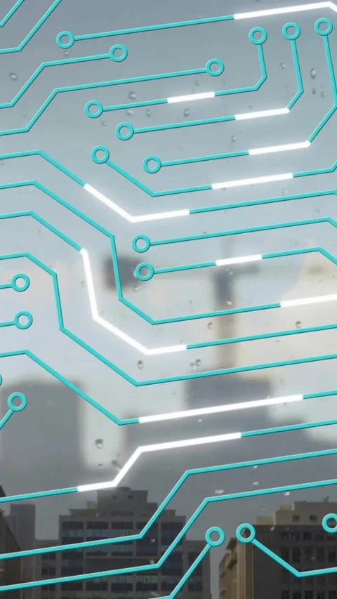 Composite video of microprocessor connections against tall buildings in 库存影片 322955535