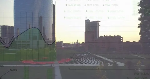 Composite video of statistical data processing against aerial view of cityscape Video stock 330246115