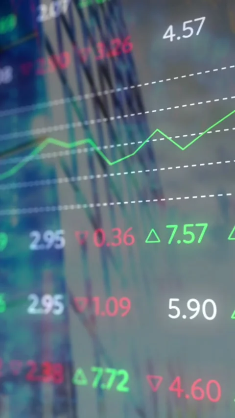 Composite video of stock market data processing against tall buildings in Stock Footage 344765569