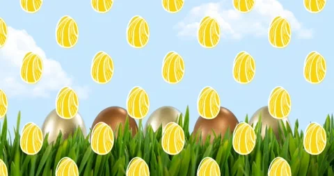 Composite video of yellow easter eggs in seamless pattern against green grass Stock Footage 176928426