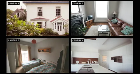 Composite of views from four security cameras in different rooms and front Stock-Footage 157545623