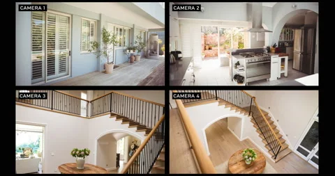 Composite of views from four security cameras in family home, showing stairs, 스톡 동영상 157545636
