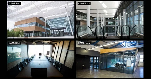Composite of views from four security cameras showing lobby and rooms at Video stock 157545648