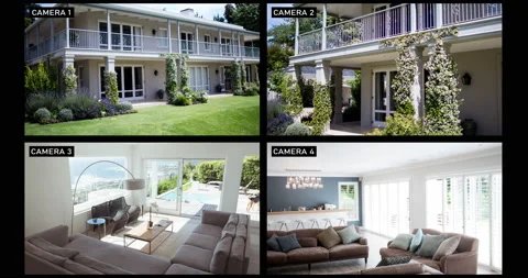 Composite of views from four security cameras ishowing family home exterior and 스톡 동영상 157545658