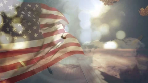Composite of waving american flag over spots of light against maple leaves Video stock 330051645