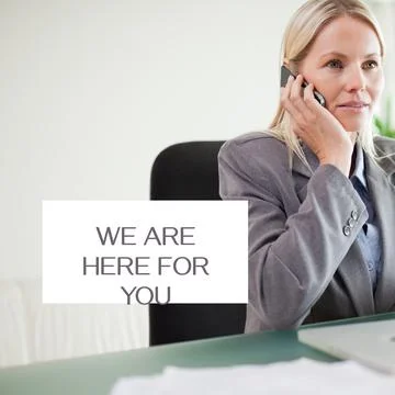 Composite of we are here for you text and caucasian businesswoman talking on Stock Photos