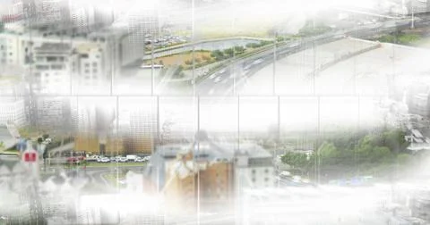 Composite of white blocks pattern over aerial view of city, copy space Illustrazione stock