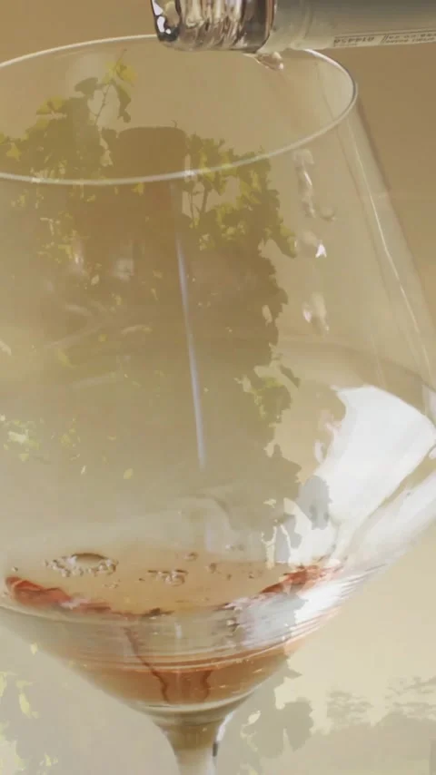 Composite of white wine being poured into glass over vineyard background Stock Footage 323782572