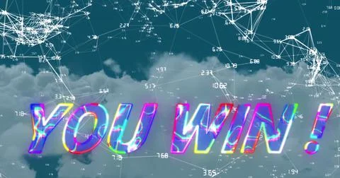 Composite of you win text, connected dots forming geometric shapes with numbers Stock Illustration