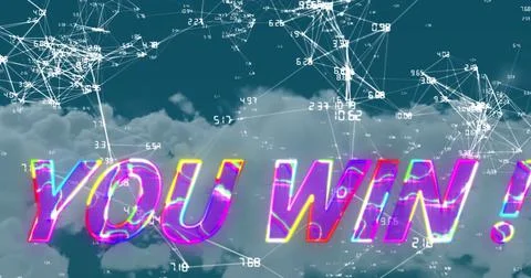 Composite of you win text, connected dots forming geometric shapes and numbers Stock Illustration