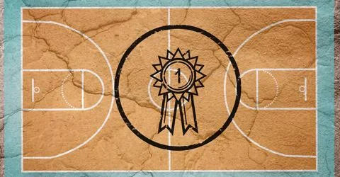 Composition of 1st place award over basketball court distressed background Ilustração Stock