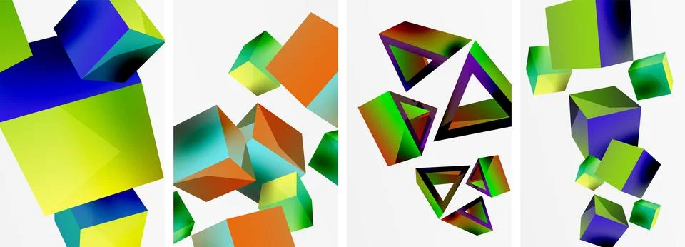 Composition of 3d cubes and other geometric elements background design for Stock Illustration