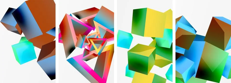 Composition of 3d cubes and other geometric elements background design for Stock Illustration