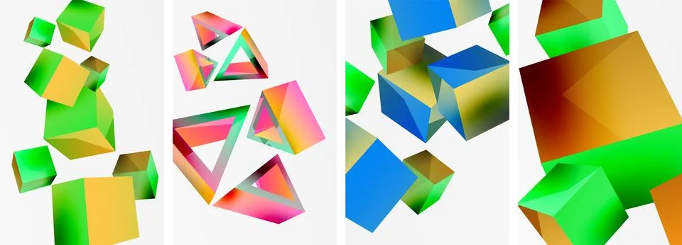 Composition of 3d cubes and other geometric elements background design for Stock Illustration