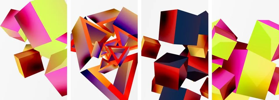 Composition of 3d cubes and other geometric elements background design for Stock Illustration