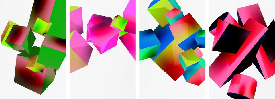 Composition of 3d cubes and other geometric elements background design for Stock Illustration