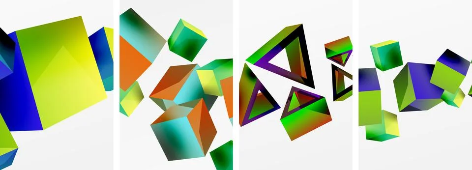 Composition of 3d cubes and other geometric elements background design for Illustrazione stock