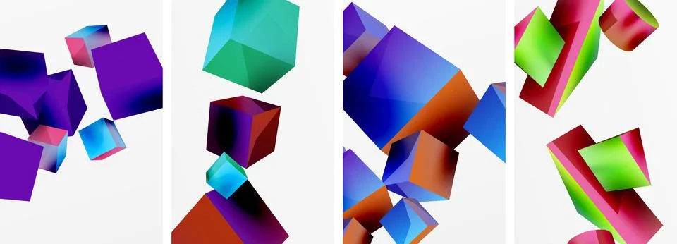 Composition of 3d cubes and other geometric elements background design for Stock Illustration