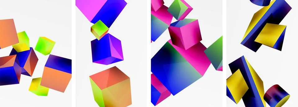 Composition of 3d cubes and other geometric elements background design for Stock Illustration