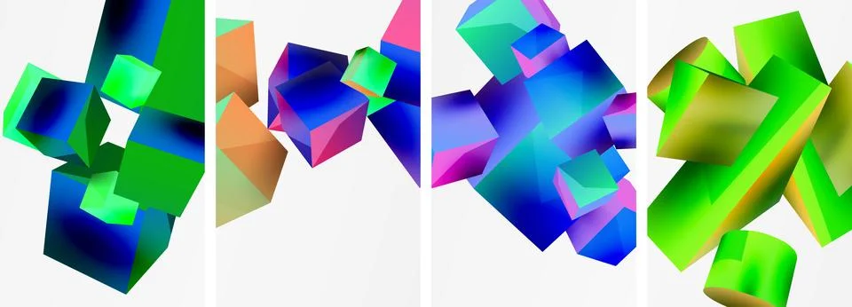 Composition of 3d cubes and other geometric elements background design for Stock Illustration